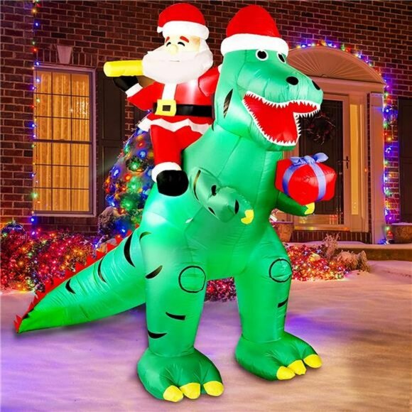 Inflatable Santa on Dinosaur Christmas Decorations, with LED Lights - Picture 1 of 7